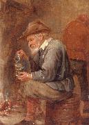 An old man sitting by the fire,pouring with into a roemer unknow artist